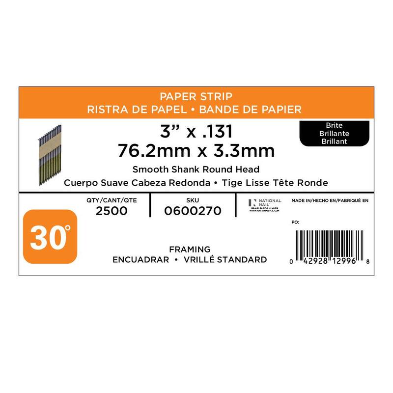 PRO-FIT 3 in. x 0.131 30-Degree Bright Finish Smooth Shank Paper Tape Framing Nails (2500-Per Box) - 0600270