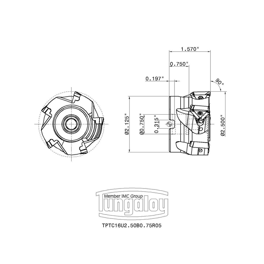 Tungaloy 2-1/2" Cut Dia, 3/4" Arbor Hole Dia, 0.637" Max Depth, Indexable Square-Shoulder Face Mill - 6735581