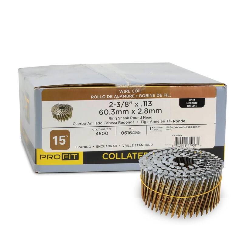 PRO-FIT 2-3/8 in. x 0.113-Gauge 15° Bright Finish Ring Shank Wire Coil Framing Nails (4500 per Box) - 0616455