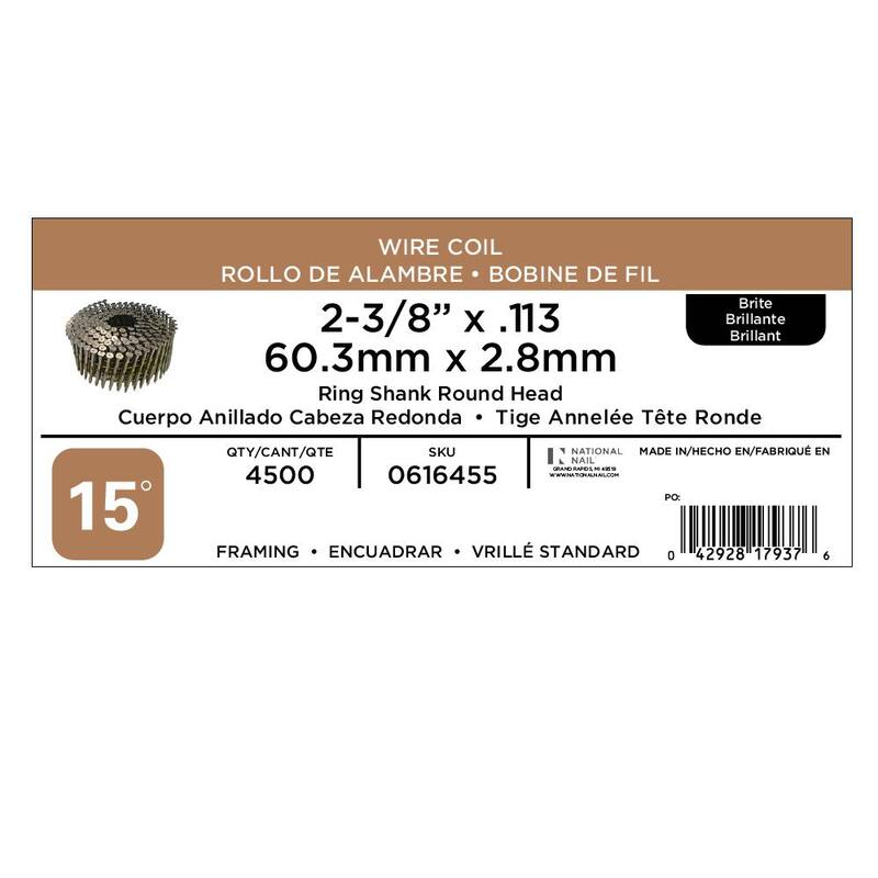 PRO-FIT 2-3/8 in. x 0.113-Gauge 15° Bright Finish Ring Shank Wire Coil Framing Nails (4500 per Box) - 0616455