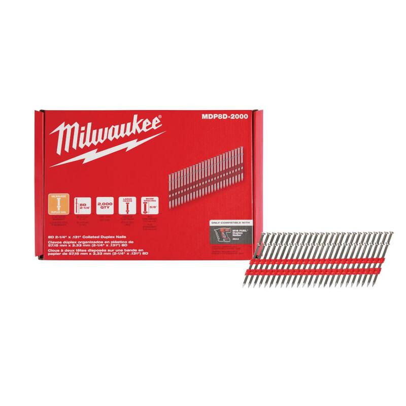 Milwaukee 8D 2-1/4 in. x .131 in. Collated 21-Degree Duplex Nails M18 FUEL Duplex Nailer (20000-Count) - MDP8D-2000-10X
