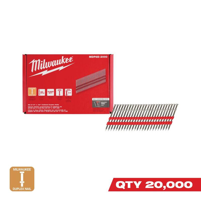 Milwaukee 8D 2-1/4 in. x .131 in. Collated 21-Degree Duplex Nails M18 FUEL Duplex Nailer (20000-Count) - MDP8D-2000-10X