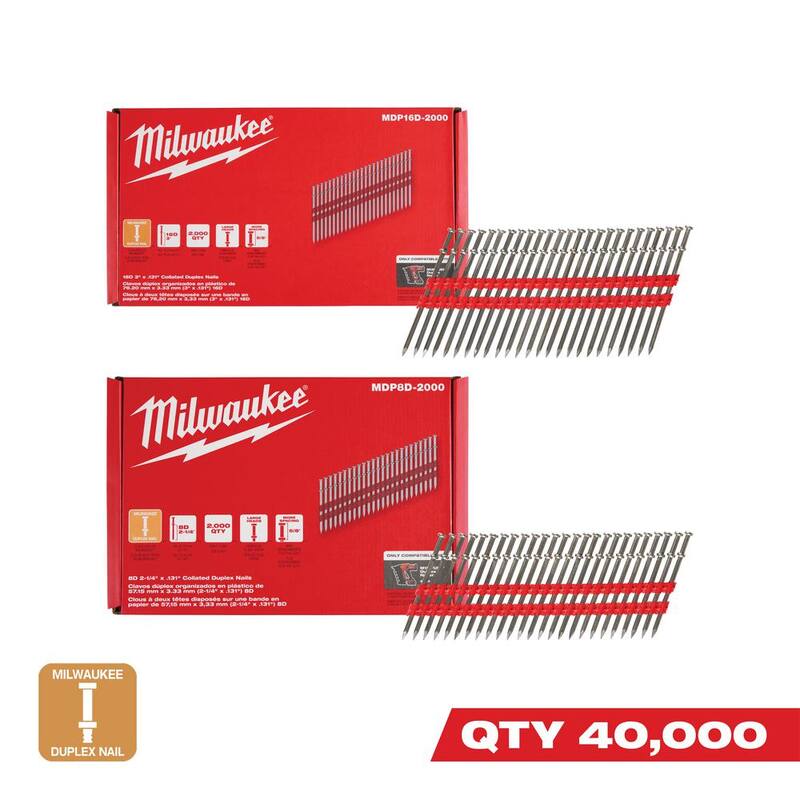 Milwaukee 16D 3 in. x .131 in. & 8D 2-1/4 in. x .131 in. Collated 21-Degree Duplex Nails for M18 FUEL Duplex Nailer (40000-Count) - MDP16D-2000-10X-MDP8D-2000-10X