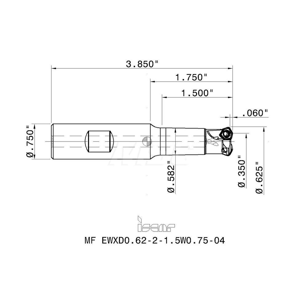 Iscar 30° Lead Angle, 0.35" to 5/8" Cut Dia, 3/4" Shank Dia, Indexable & Chamfer End Mill - 3106344