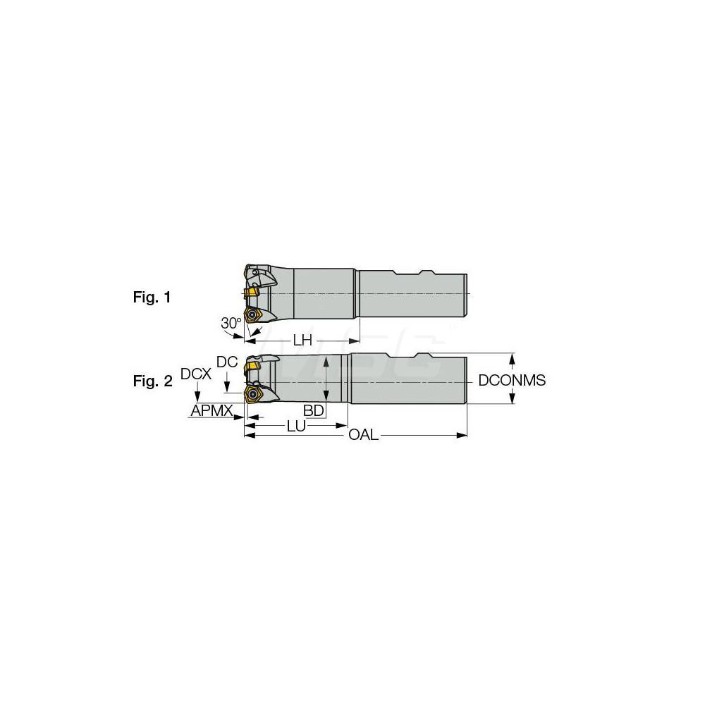 Iscar 30° Lead Angle, 0.35" to 5/8" Cut Dia, 3/4" Shank Dia, Indexable & Chamfer End Mill - 3106344