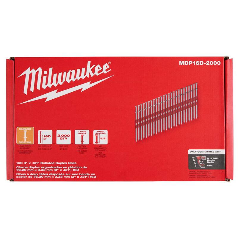 Milwaukee 16D 3 in. x .131 in. Collated 21-Degree Duplex Nails for M18 FUEL Duplex Nailer (20000-Count) - MDP16D-2000-10X