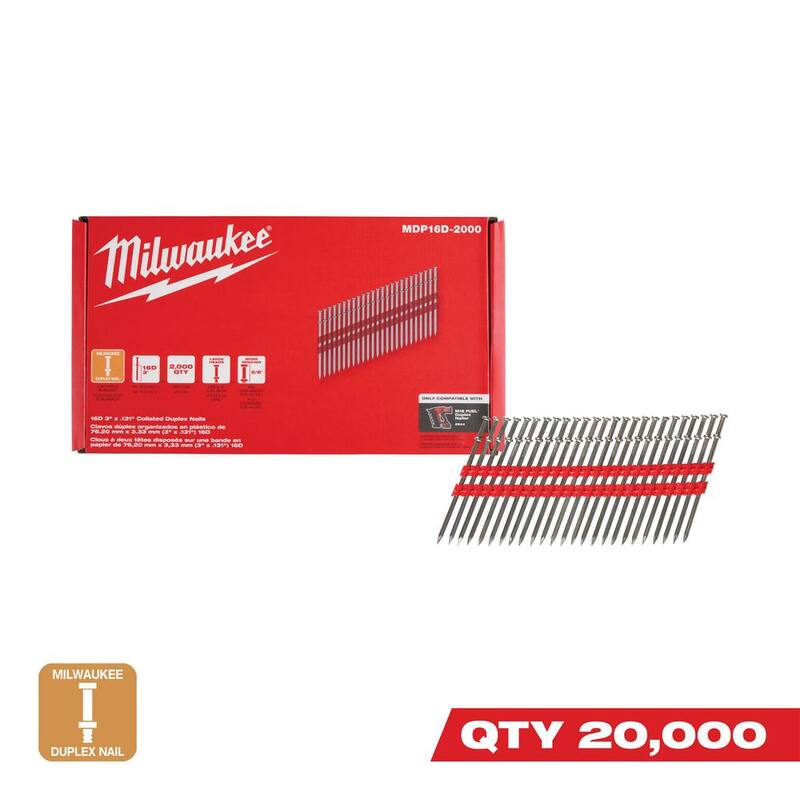Milwaukee 16D 3 in. x .131 in. Collated 21-Degree Duplex Nails for M18 FUEL Duplex Nailer (20000-Count) - MDP16D-2000-10X