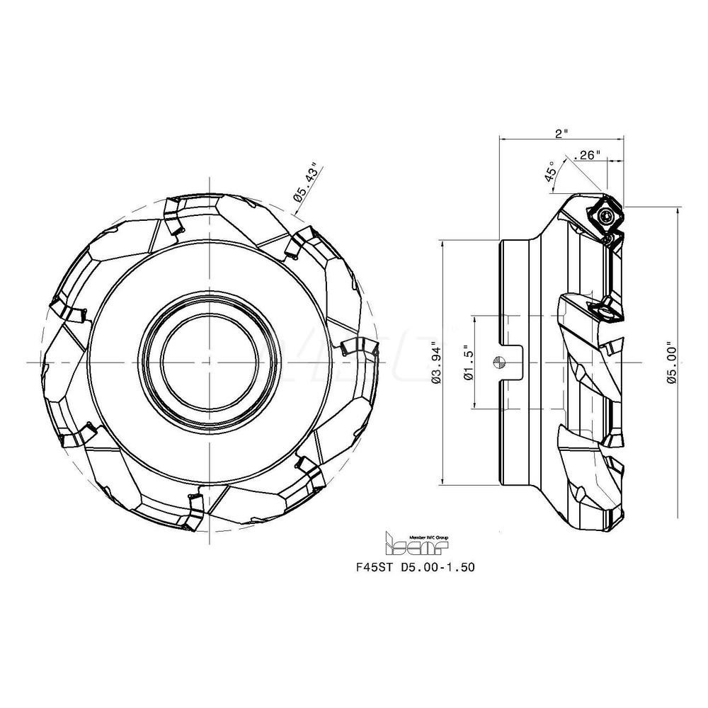 Iscar 5" Cut Dia, 1-1/2" Arbor Hole, 0.26" Max Depth of Cut, 45° Indexable Chamfer & Angle Face Mill - 3100390