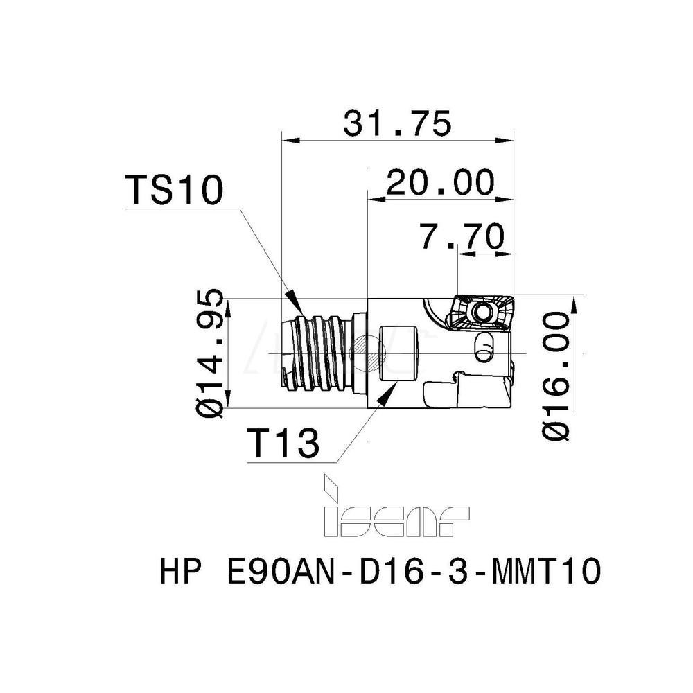 Iscar Indexable Square-Shoulder End Mill: HPE90AND163MMT10, 16 mm Cut Dia, 7.7 mm Max Depth of Cut, T10 Modular Connection Shank - 3103684