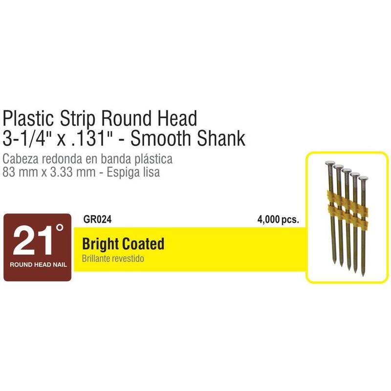 Grip-Rite 3-1/4 in. x 0.131 in. 21° Plastic Collated Vinyl Coated Smooth Shank Framing Nails 4000 per Box, 48 per Pallet - GR024P