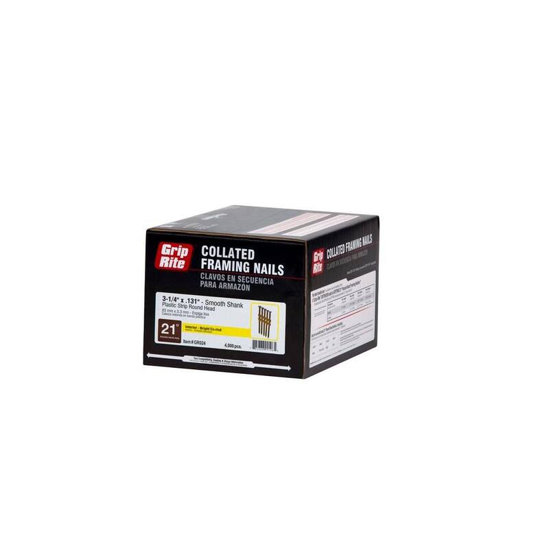 Grip-Rite 3-1/4 in. x 0.131 in. 21° Plastic Collated Vinyl Coated Smooth Shank Framing Nails 4000 per Box, 48 per Pallet - GR024P
