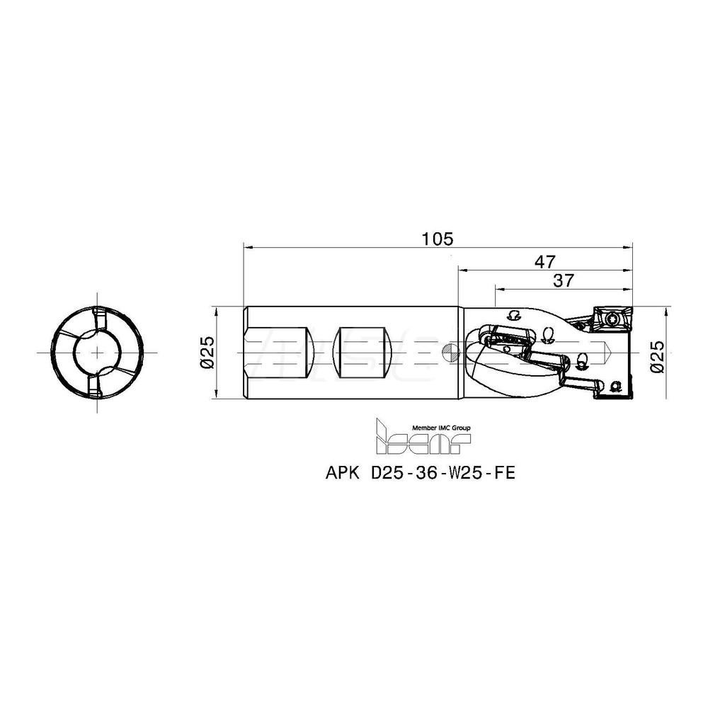 Iscar Indexable Square-Shoulder End Mill: APK D25-36-W25-FE, 25 mm Cut Dia, 37 mm Max Depth of Cut, 25 mm Dia Weldon Flat Shank - 3100864