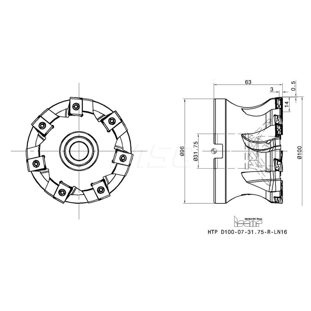 Iscar 100mm Cut Dia, 22mm Arbor Hole Dia, 3mm Max Depth, Indexable Square-Shoulder Face Mill - 3104822