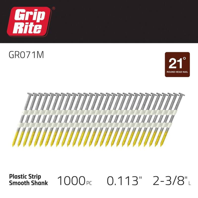 Grip-Rite 2-3/8 in. x 0.113 in. 21° Plastic Collated Bright Coated Smooth Shank Nails 1000 per Box - GR071M