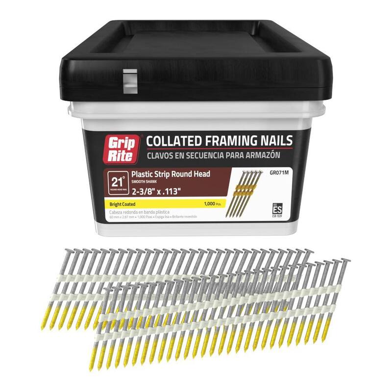 Grip-Rite 2-3/8 in. x 0.113 in. 21° Plastic Collated Bright Coated Smooth Shank Nails 1000 per Box - GR071M