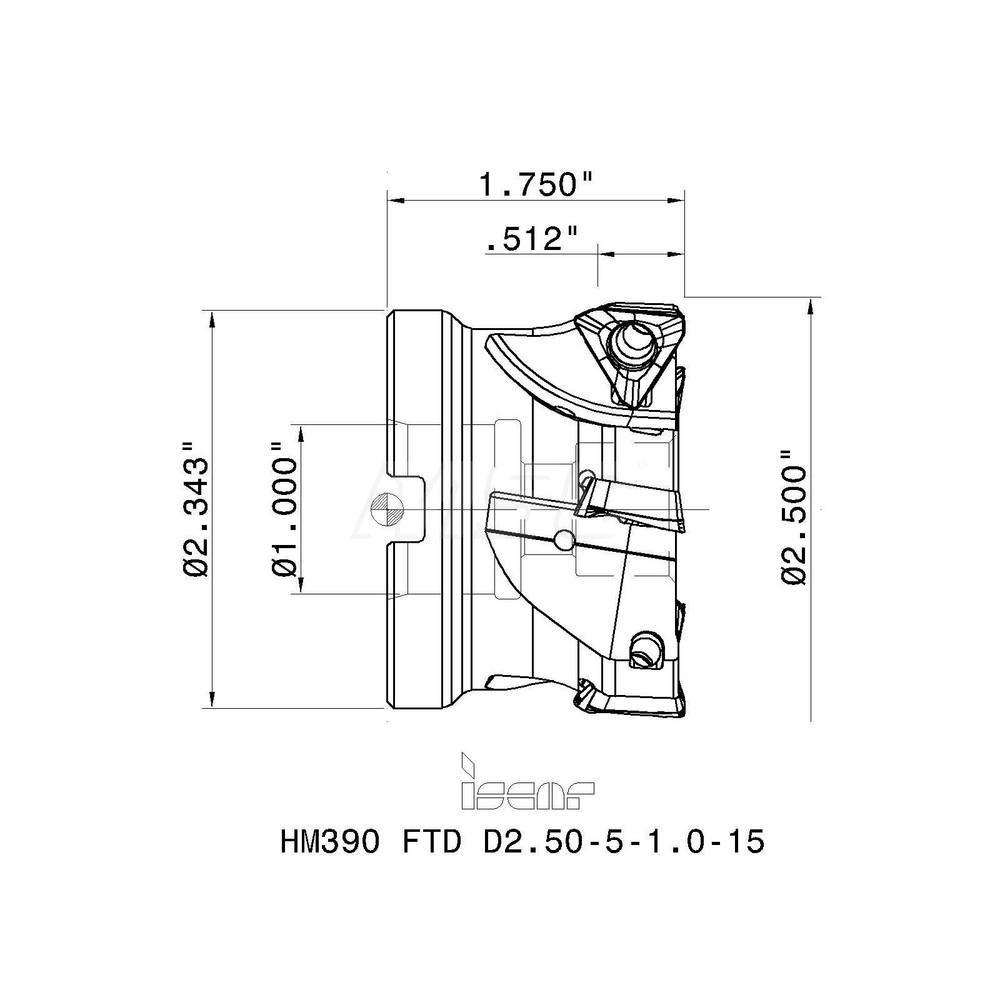 Iscar Indexable Square-Shoulder Face Mill:  HM390FTDD2.5051.015,  2-1/2'' Cut Dia,  1.0000" Arbor Hole Dia,  0.5120" Max Cutting Depth - 3106562