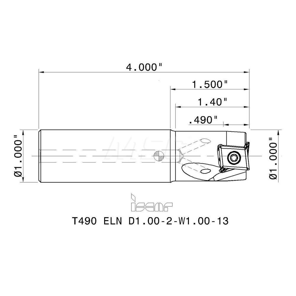 Iscar Indexable Square-Shoulder End Mill: T490ELND1.002W1.0013, 1" Cut Dia, 0.49" Max Depth of Cut, 1" Dia Weldon Flat Shank - 3105293