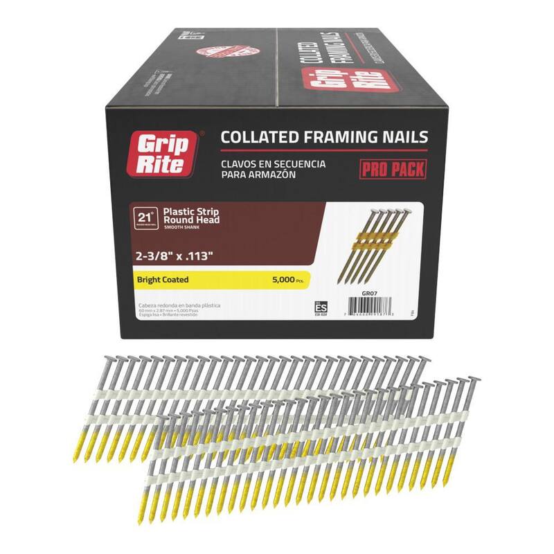 Grip-Rite 2-3/8 in. x 0.113 in. 21° Plastic Collated Smooth Shank Framing Nails 5000 per Box - GR07