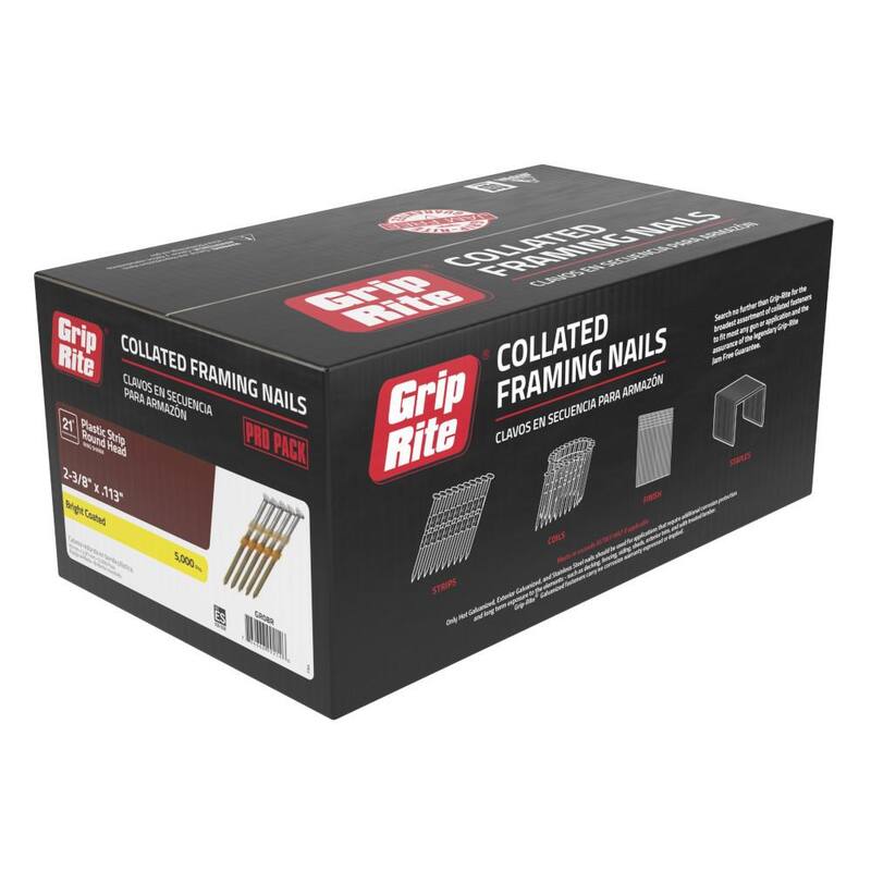 Grip-Rite 2-3/8 in. x 0.113 in. 21° Plastic Collated Bright Coated Ring Shank Round Head Nails 5000 per Box - GR08R