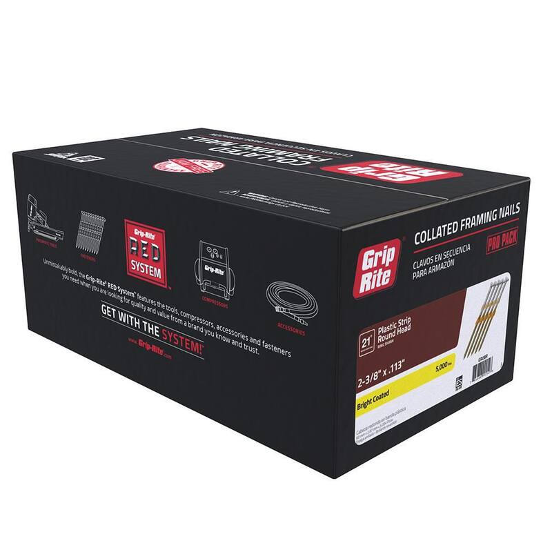 Grip-Rite 2-3/8 in. x 0.113 in. 21° Plastic Collated Bright Coated Ring Shank Round Head Nails 5000 per Box - GR08R