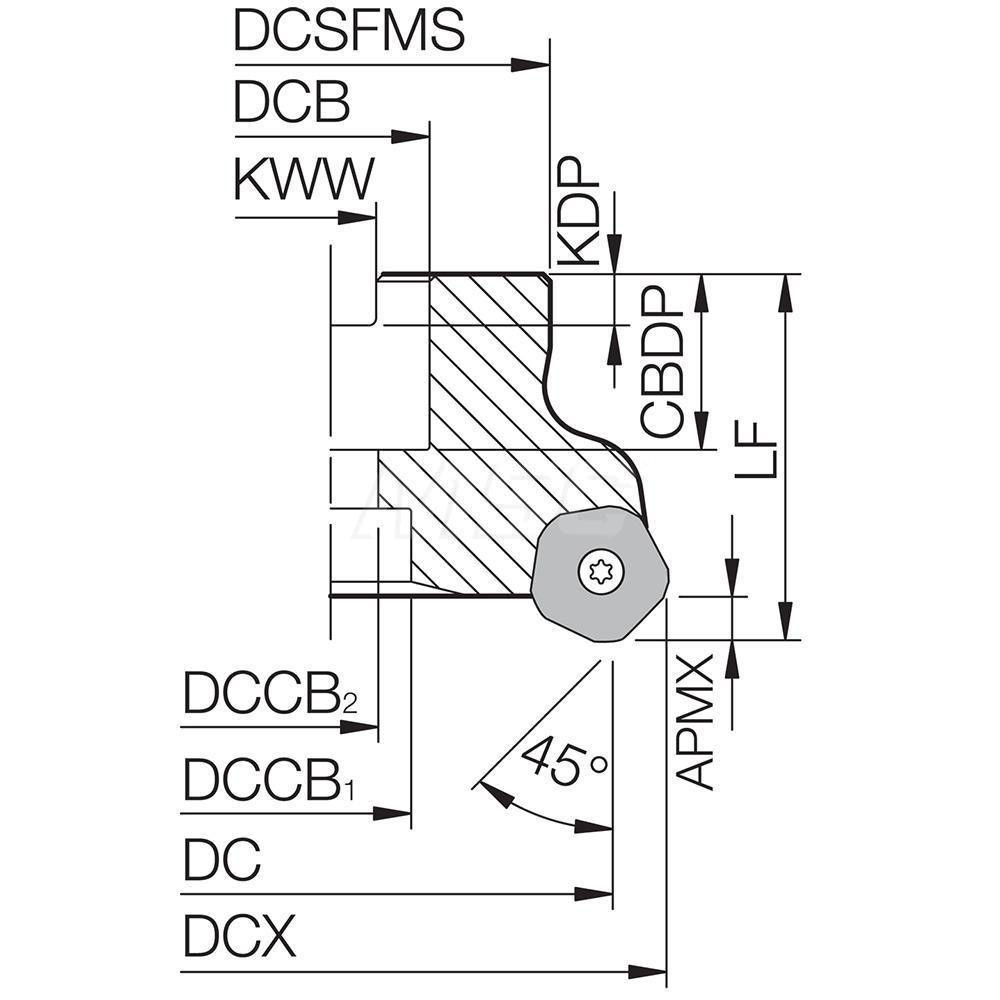 Kyocera 101.6mm Cut Dia, 1-1/2" Arbor Hole, 6mm Max Depth of Cut, 45° Indexable Chamfer & Angle Face Mill - THN04522