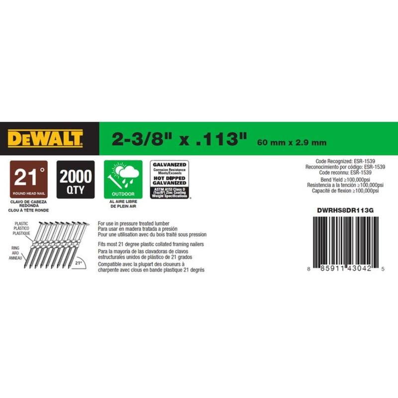 DEWALT 2-3/8 in. x 0.113 in. Ring Shank Galvanized Metal Framing Nails 2000 per Box - DWRHS8DR113G
