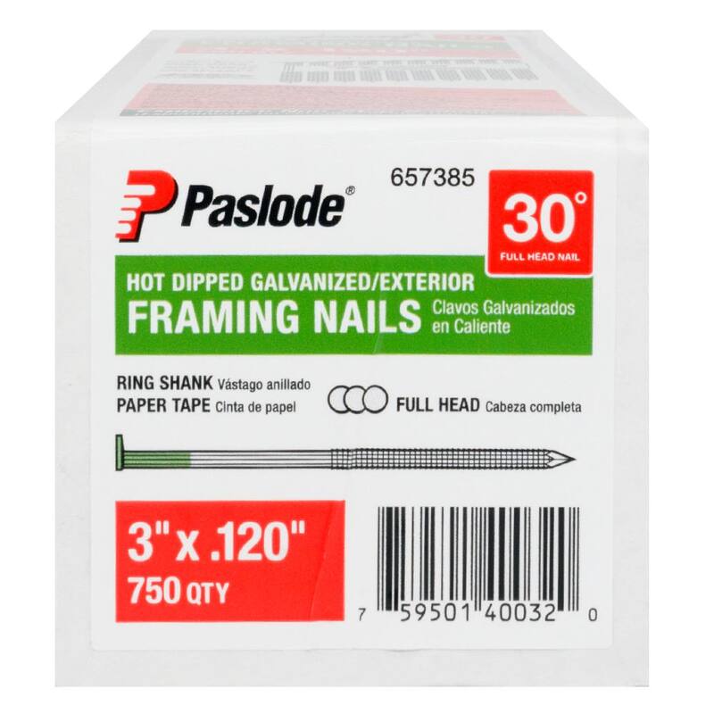 Paslode 3 in. x 0.120 in. Round Drive 30-Degree Steel Galvanized Ring Shank Paper Tape Framing Nails ( 750 Per Box ) - 657385