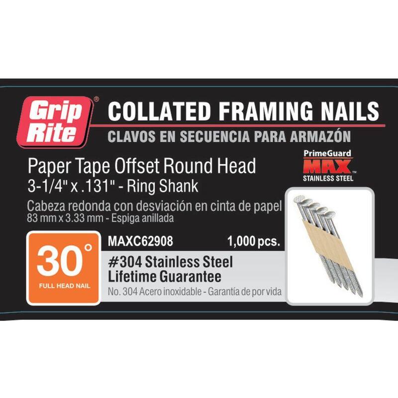 Grip-Rite 3-1/4 x .131 in 30° Paper Collated 304 Stainless Steel Ring Shank Offset Round Checkered Head Framing Nails 1000 per Box - MAXC62908