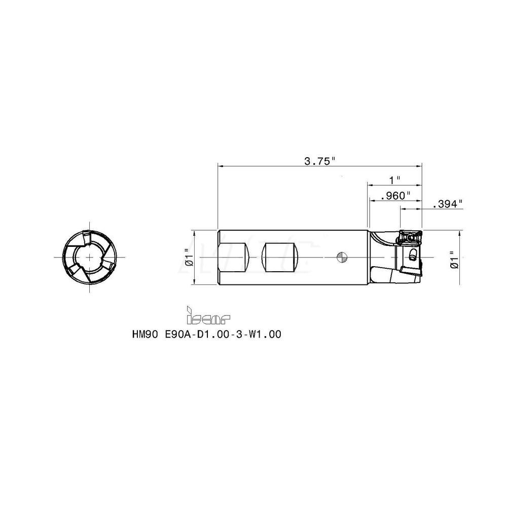 Iscar Indexable Square-Shoulder End Mill: HM90 E90A-D1.00-3W1.00, 1" Cut Dia, 0.394" Max Depth of Cut, 1" Dia Weldon Flat Shank - 3101932
