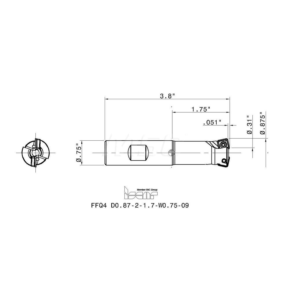 Iscar Indexable High-Feed End Mill: FFQ4D0.8721.7W0.7509, 7/8" Cut Dia, 3/4" Shank Dia, Weldon Flat Shank - 3323704