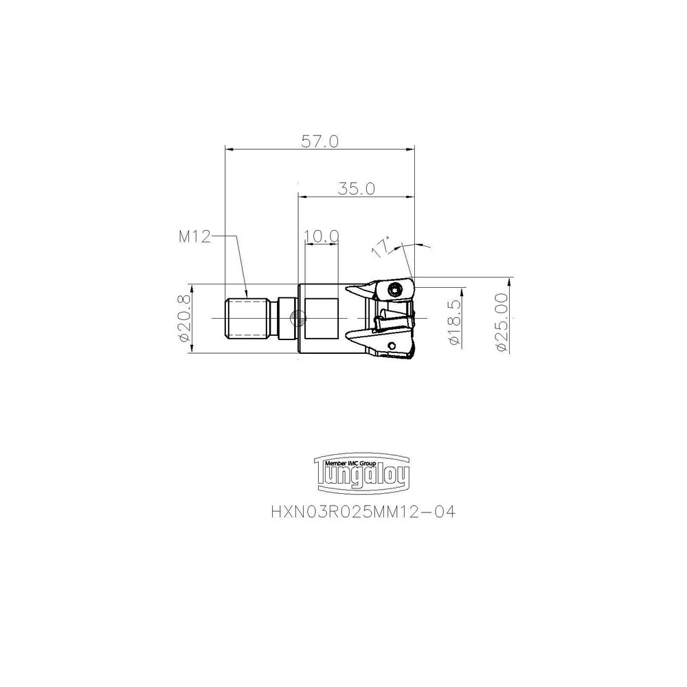 Tungaloy Indexable High-Feed End Mill: HXN03R025MM12-04, 25.00 mm Cut Dia, Modular Connection Shank - 6995993