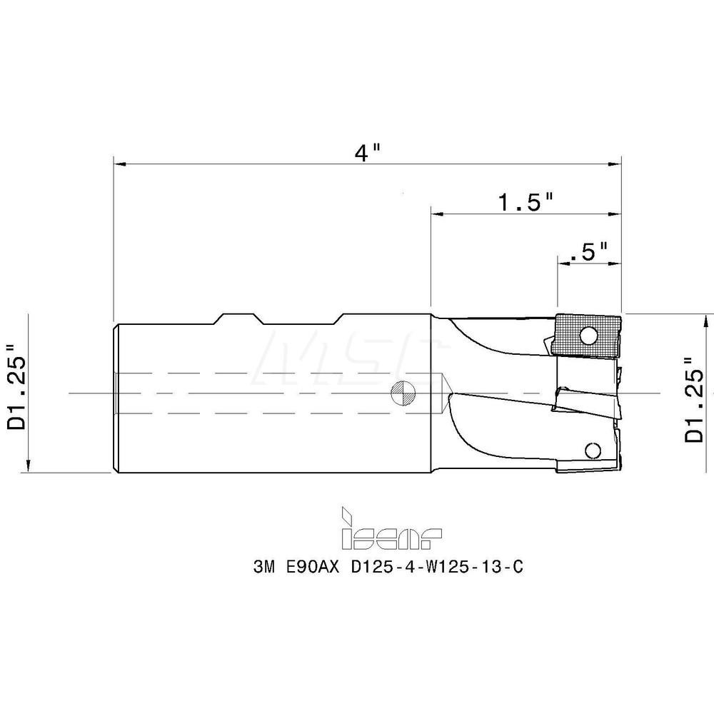 Iscar Indexable Square-Shoulder End Mill: 3ME90AXD1254W12513C, 1-1/4" Cut Dia, 1/2" Max Depth of Cut, 1-1/4" Dia Weldon Flat Shank - 3101605