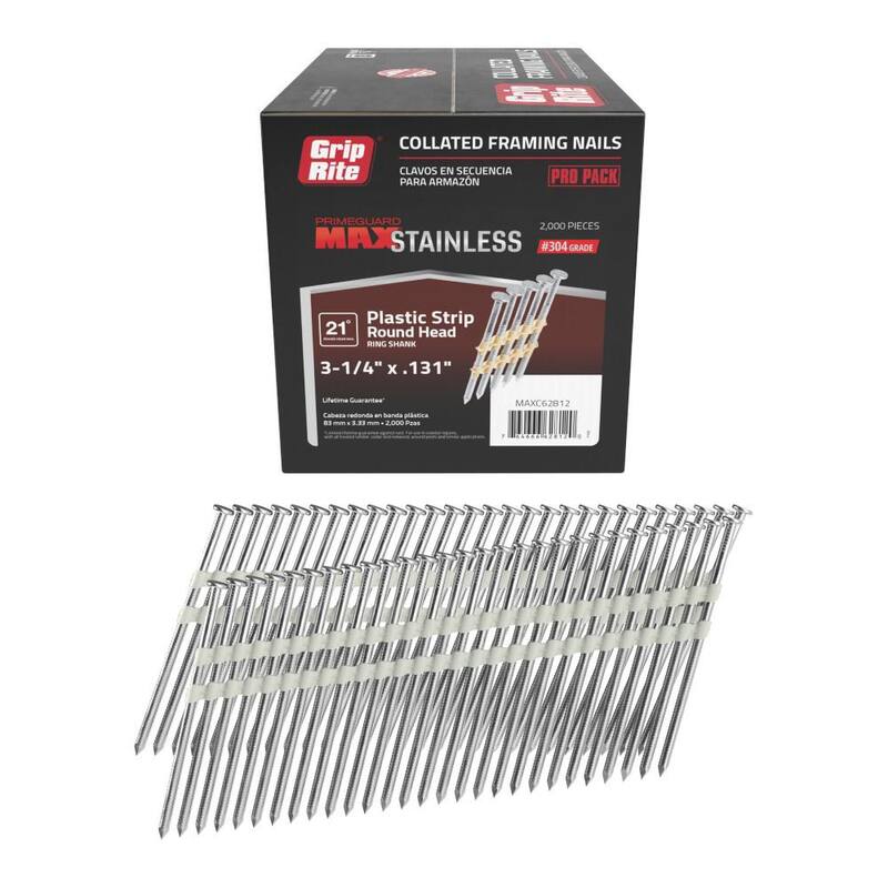 Grip-Rite 3-1/4 in x .131 in 21° Plastic Collated 304 Stainless Steel Ring Shank Round Checkered Head Framing Nails 2000 per Box - MAXC62812