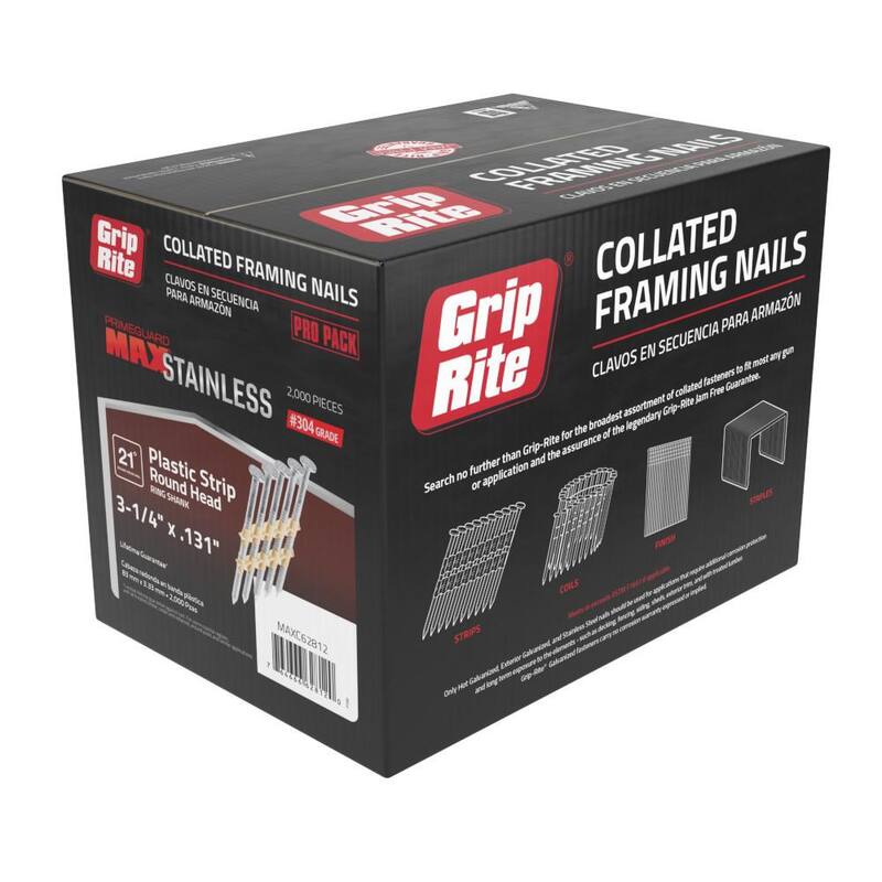 Grip-Rite 3-1/4 in x .131 in 21° Plastic Collated 304 Stainless Steel Ring Shank Round Checkered Head Framing Nails 2000 per Box - MAXC62812