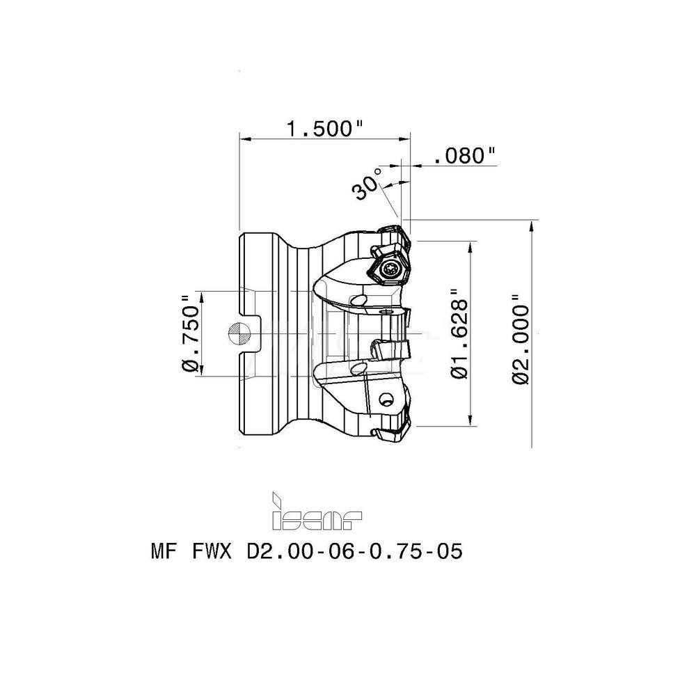 Iscar 1.628" Cut Dia, 3/4" Arbor Hole, 0.08" Max Depth of Cut, 30° Indexable Chamfer & Angle Face Mill - 3106235