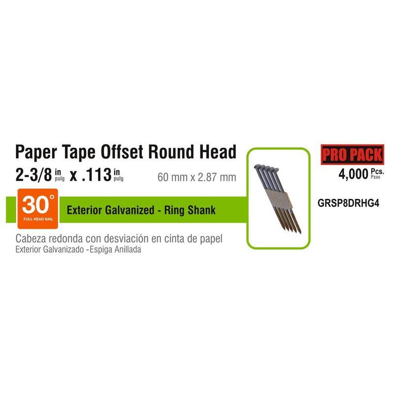 Grip-Rite 2-3/8 in. x 0.113 in. 30° Paper Collated Exterior Galvanized Offset Round Head Ring Shank Framing Nails 4000 per Box - GRSP8DRHG4