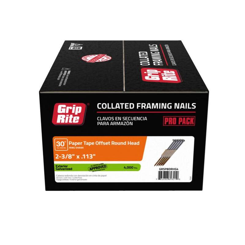 Grip-Rite 2-3/8 in. x 0.113 in. 30° Paper Collated Exterior Galvanized Offset Round Head Ring Shank Framing Nails 4000 per Box - GRSP8DRHG4