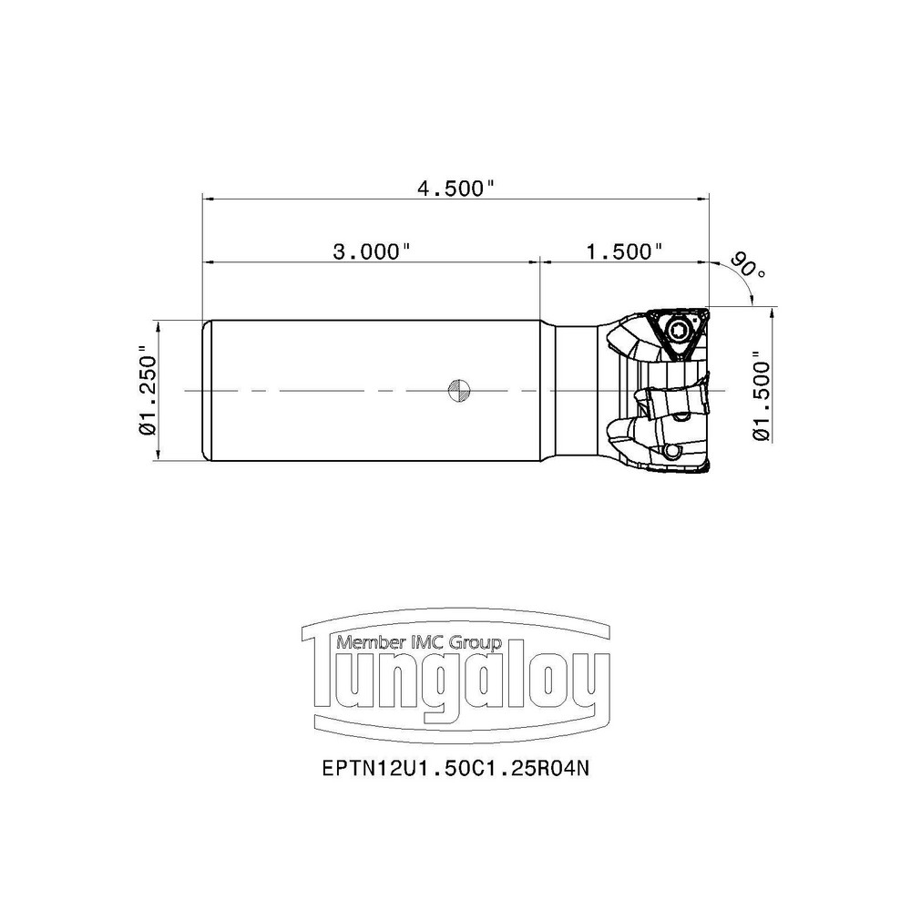 Tungaloy Indexable Square-Shoulder End Mill: EPTN12U1.50C1.25R04N, 1-1/2" Cut Dia, 0.433" Max Depth of Cut, 1-1/4" Dia Straight Shank - 6730277