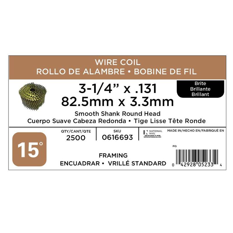 PRO-FIT 3-1/4 in. x 0.131-Gauge 15° Bright Finish Smooth Shank Wire Coil Framing Nails (2500 per Box) - 0616693