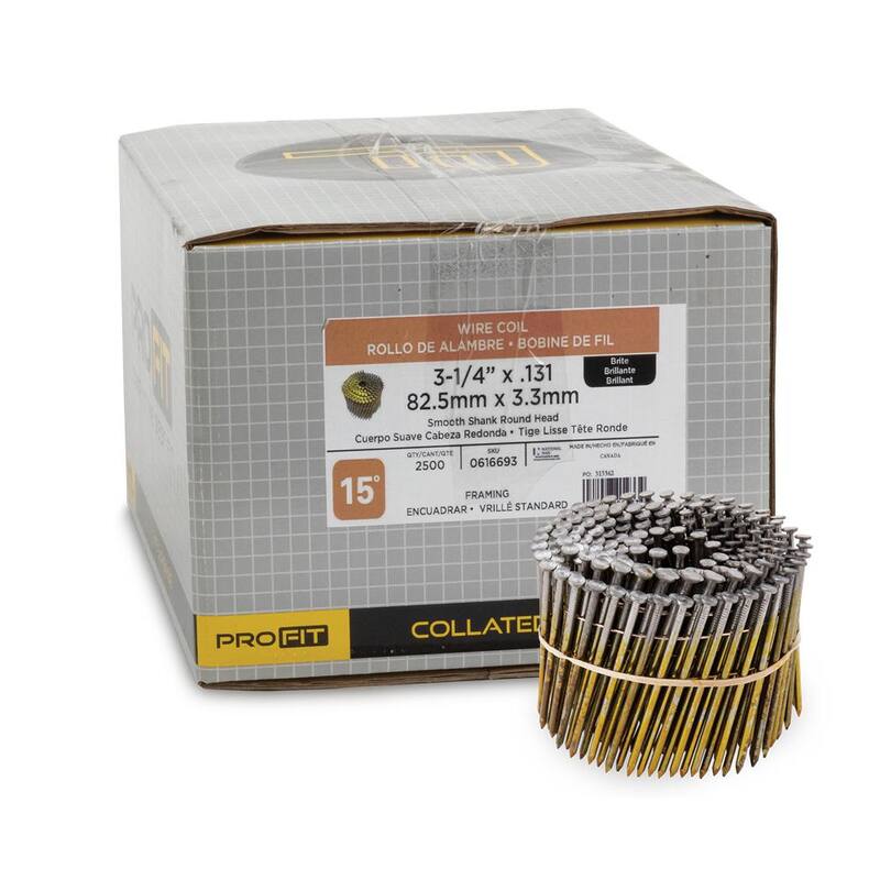 PRO-FIT 3-1/4 in. x 0.131-Gauge 15° Bright Finish Smooth Shank Wire Coil Framing Nails (2500 per Box) - 0616693