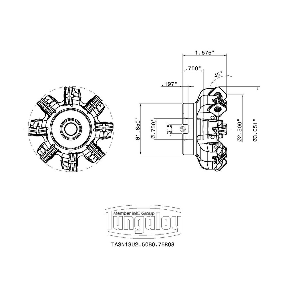 Tungaloy 2-1/2" Cut Dia, 3/4" Arbor Hole Dia, Indexable Square-Shoulder Face Mill - 6736087