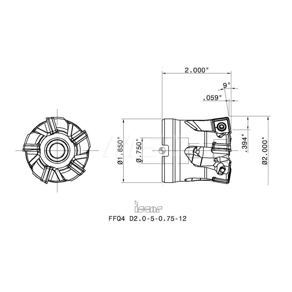Iscar Indexable High-Feed Face Mill: 1.136 to 2" Cut Dia, 0.75" Arbor Hole - 3107341