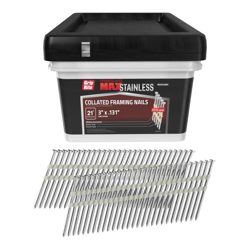 Grip-Rite 3 in. x .131 in. 21° Plastic Collated 316 Stainless Steel Ring Shank Round Head Framing Nails 1000 per Box - MAXC62895