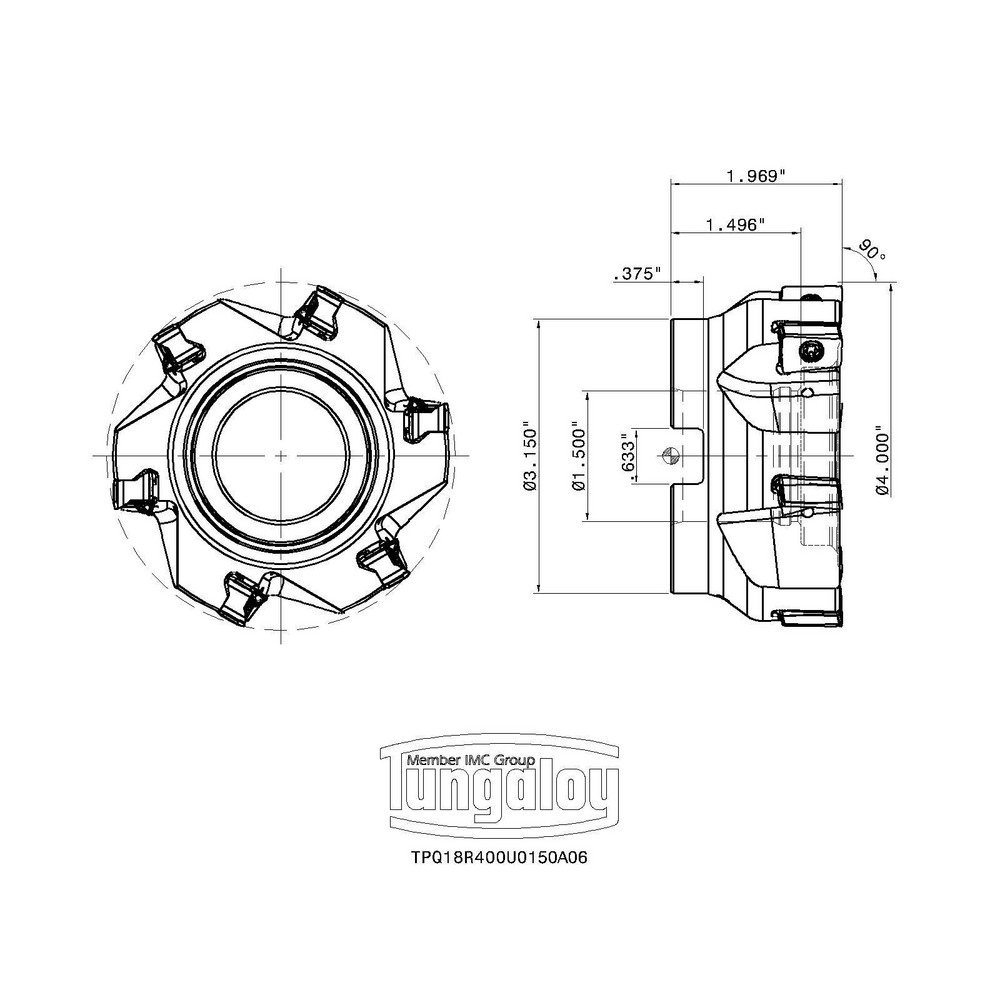 Tungaloy 4" Cut Dia, 1-1/2" Arbor Hole Dia, 0.63" Max Depth, Indexable Square-Shoulder Face Mill - 6861306