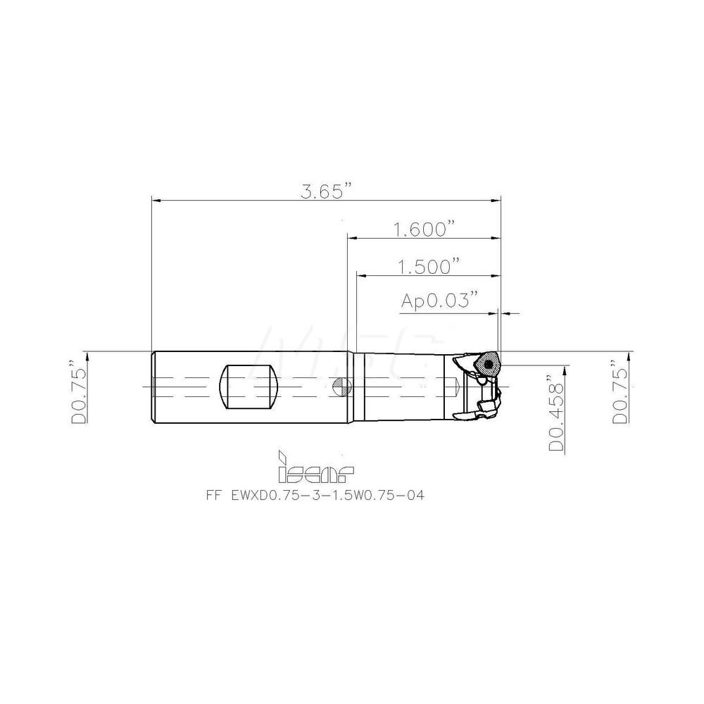 Iscar Indexable High-Feed End Mill: FFEWXD0.7531.5W0.7504, 3/4" Cut Dia, 3/4" Shank Dia, Weldon Flat Shank - 3105630