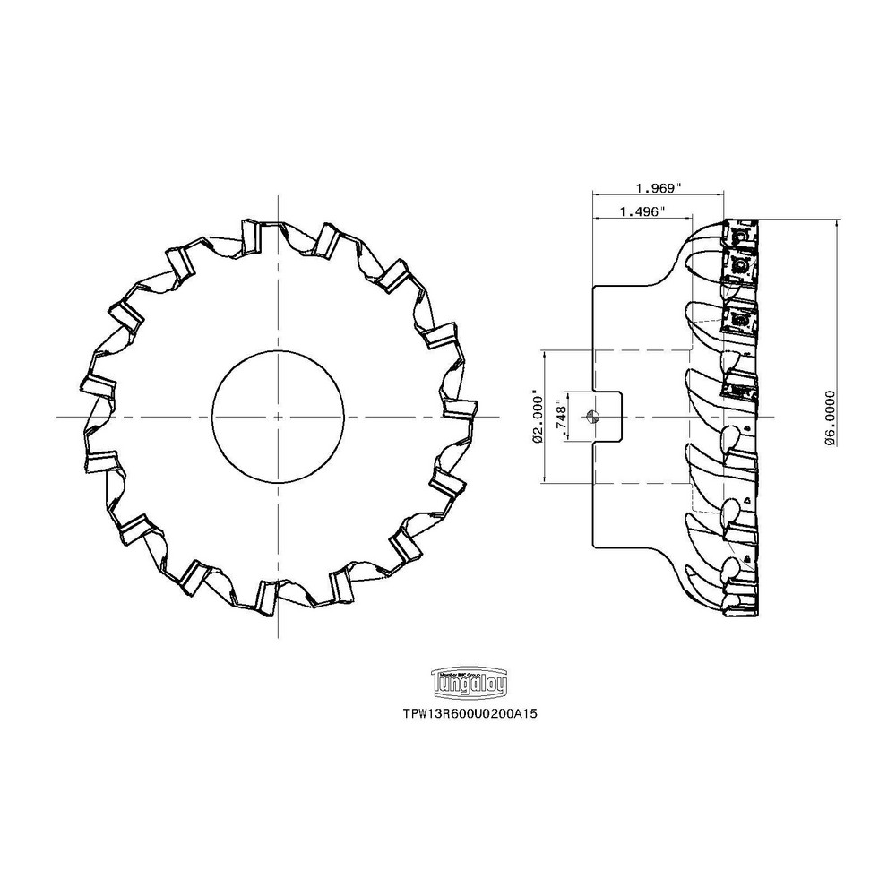 Tungaloy 6" Cut Dia, 2" Arbor Hole Dia, 0.394" Max Depth, Indexable Square-Shoulder Face Mill - 6850792