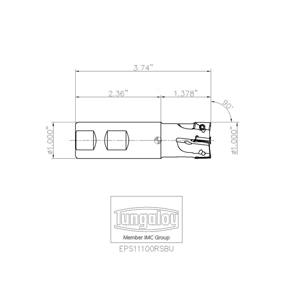Tungaloy Indexable Square-Shoulder End Mill: EPS11100RSBU, 1" Cut Dia, 0.425" Max Depth of Cut, 1" Dia Weldon Flat Shank - 6821584