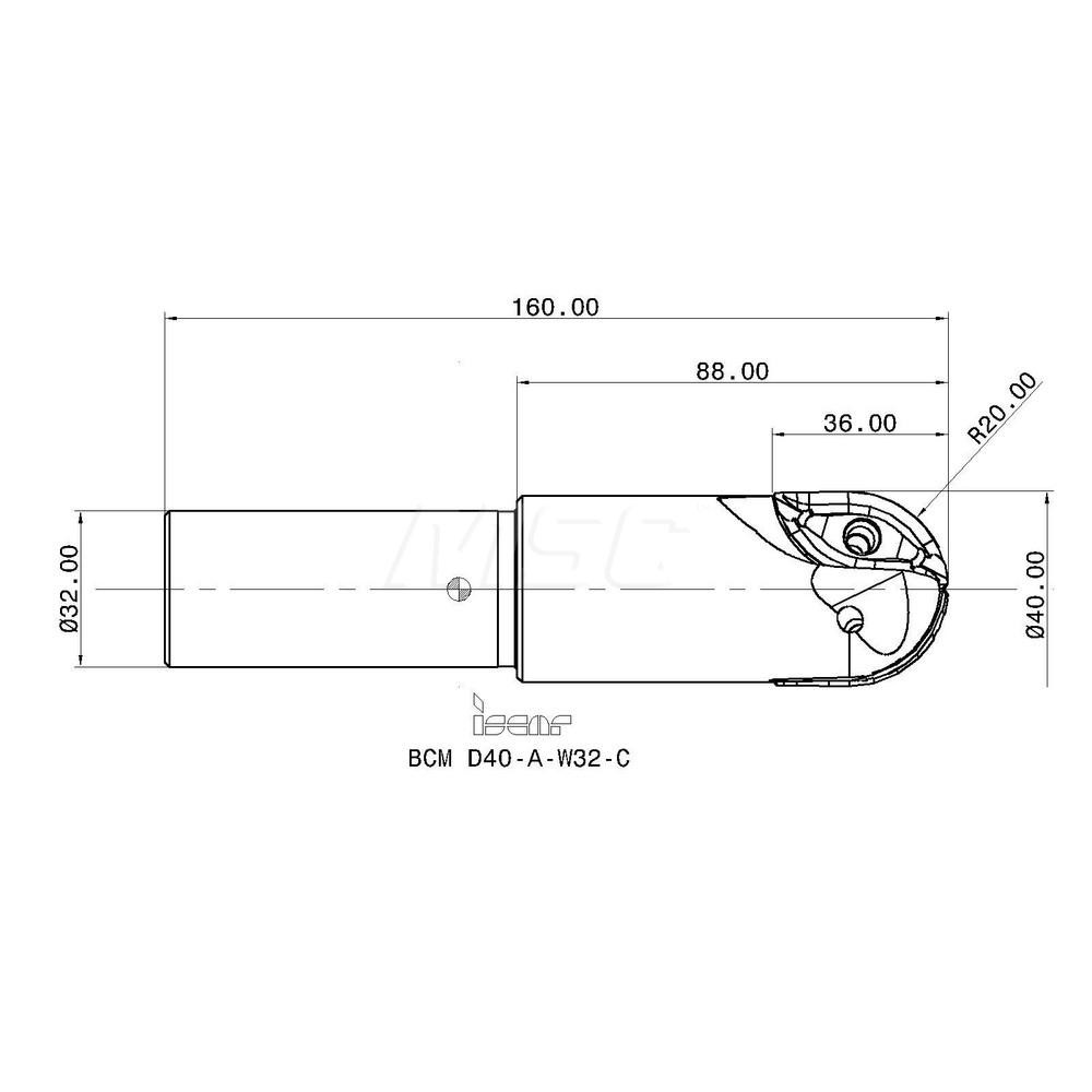 Iscar Indexable Ball Nose End Mill: 40 mm Cut Dia, Solid Carbide, 160 mm OAL - 3102559
