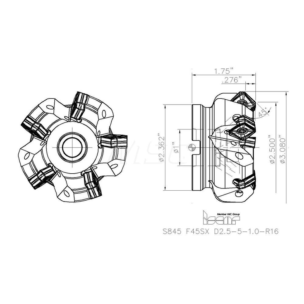 Iscar 2-1/2" Cut Dia, 1" Arbor Hole, 0.276" Max Depth of Cut, 45° Indexable Chamfer & Angle Face Mill - 3104580