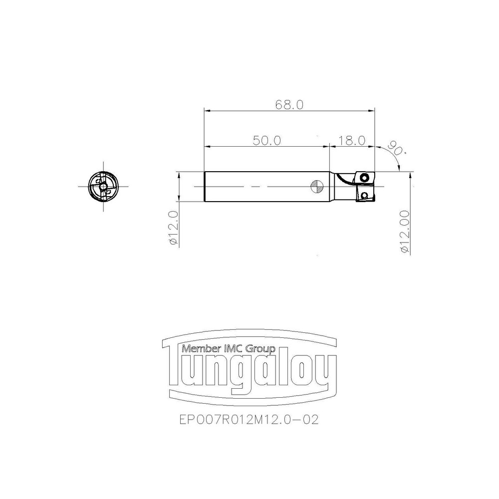 Tungaloy Indexable Square-Shoulder End Mill: EPO07R012M12.0-02, 12 mm Cut Dia, 7 mm Max Depth of Cut, 12 mm Dia Cylindrical Shank - 6861282